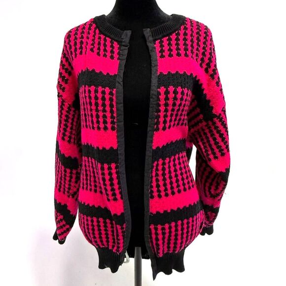 Source Unknown Sweaters - vintage hot pink & black stripe/houndstooth knitted cardigan